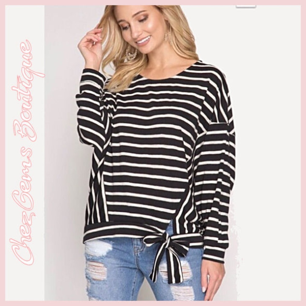 She and Sky - NWT Stripe Tie Long Sleeve Top Black White M and L